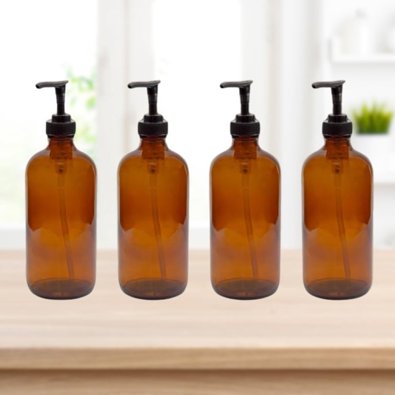 Cornucopia 8oz Amber Glass Pump Bottles (4-Pack), Refillable Hand