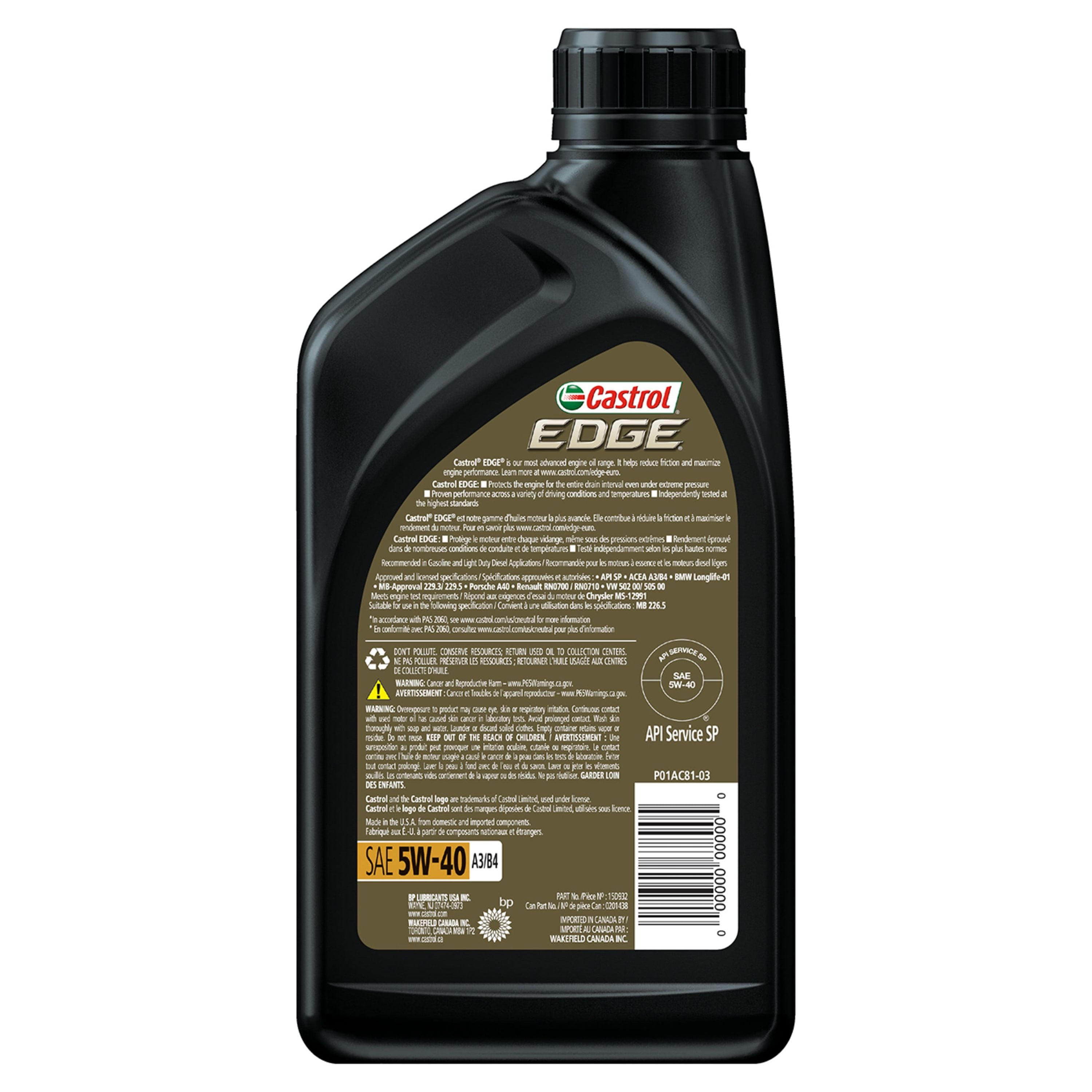 Castrol EDGE Euro 5W-40 A3/B4 Advanced Full Synthetic Motor Oil, 1 Quart,  Pack of 6 : Automotive 