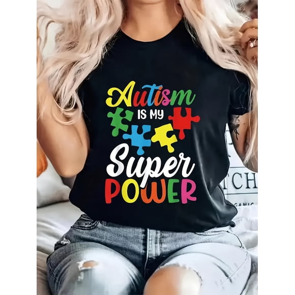 Super Strength Puzzle Graphic T Shirt for Women with Autism Soft Crew Neck Short Sleeve T Shirt