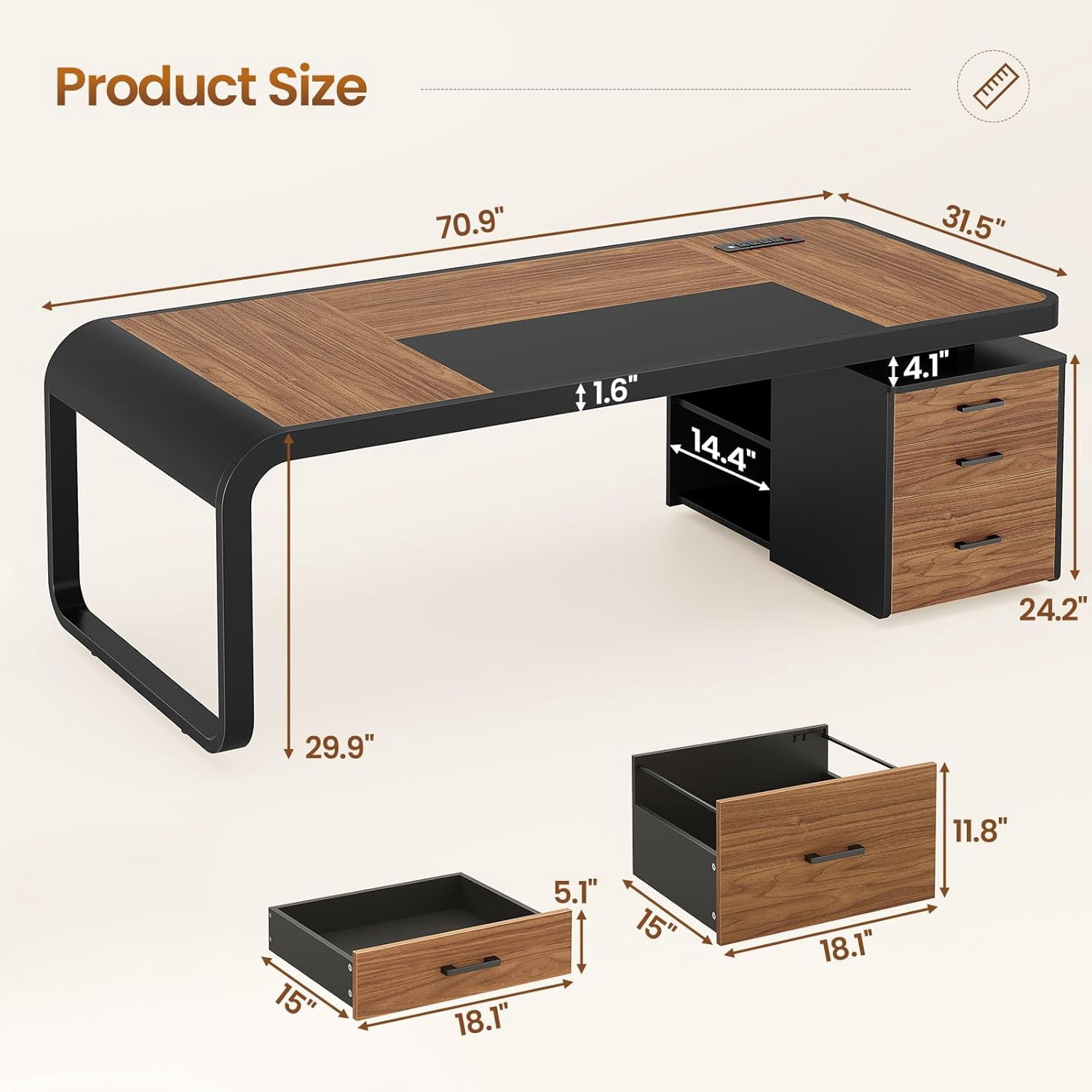 70.9" Executive Desk with Drawers and Power Outlets, Modern Office Desk with Shelf and Large Desktop, Computer Desk Study Table with Storage, Dark Brown