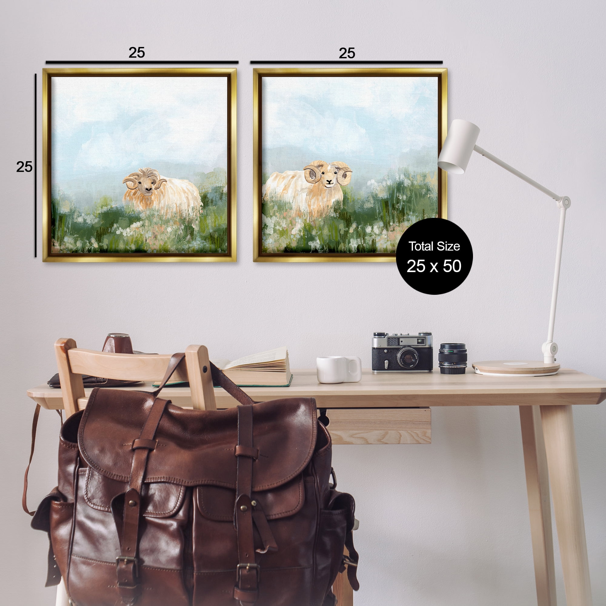 Stupell Industries Curly-Horned Sheep Field Animals Painting Gold Floater Framed Canvas Art Print Wall Art, 25 x 25, Set of 2