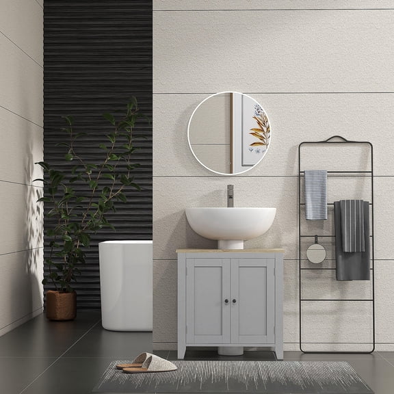 Kleankin Pedestal Sink Storage Cabinet, Under Sink Cabinet with U-Shape and Adjustable Shelf, Grey MDF Bathroom Vanity for Small Spaces