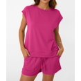 thumbnail image 6 of Womens Crew Neck Two Piece Short Sets Cap Sleeve Drawstring Summer Sweatsuit with Pocket Rose Red L, 6 of 9
