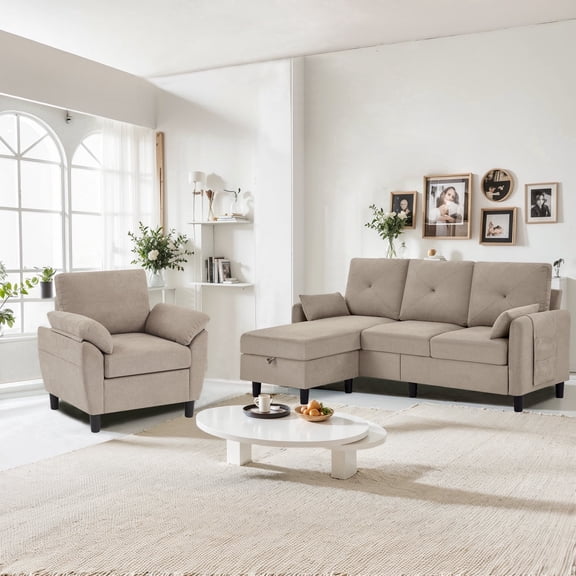 Pingliang Home Living Room Furniture Set, Sectional Sofa Couch with Storage Ottoman and Accent Chair, Modern 3 Seater L Shaped Couch Sofa and Single Armchair,for Living Room,Apartment,Studio,Office