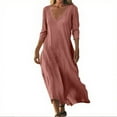 thumbnail image 2 of Mohiass Womens Summer V Neck Solid Color Linen Loose Fit Sundress Fashion 3/4 Sleeve Flowy Vacation Beach Maxi Dress Pink 2XL, 2 of 7