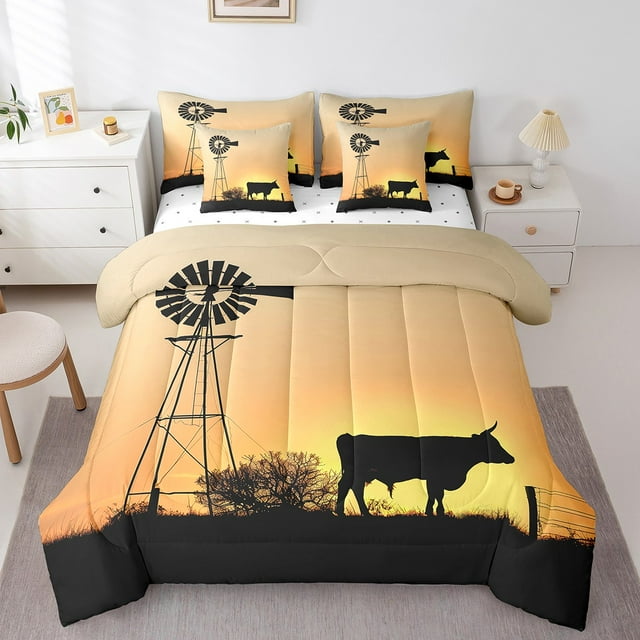 YST Rustic Farmhouse Decor 7-Piece Comforter Set, Twin Size, Cow Print Sunset Design, Polyester, Bed in a Bag (Count 7)
