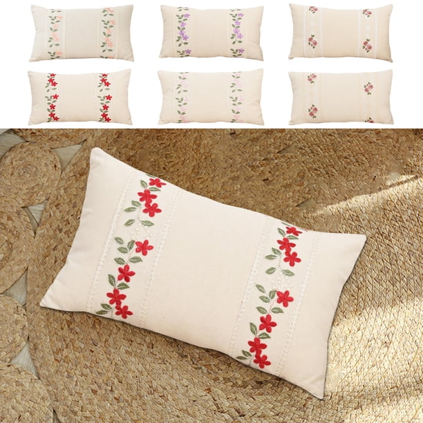 Fundas de almohadas de flores de rosa bordadas - fundas de cojín de sofá de 50x30cm, fundas decorativas de poliéster para decoración del hogar