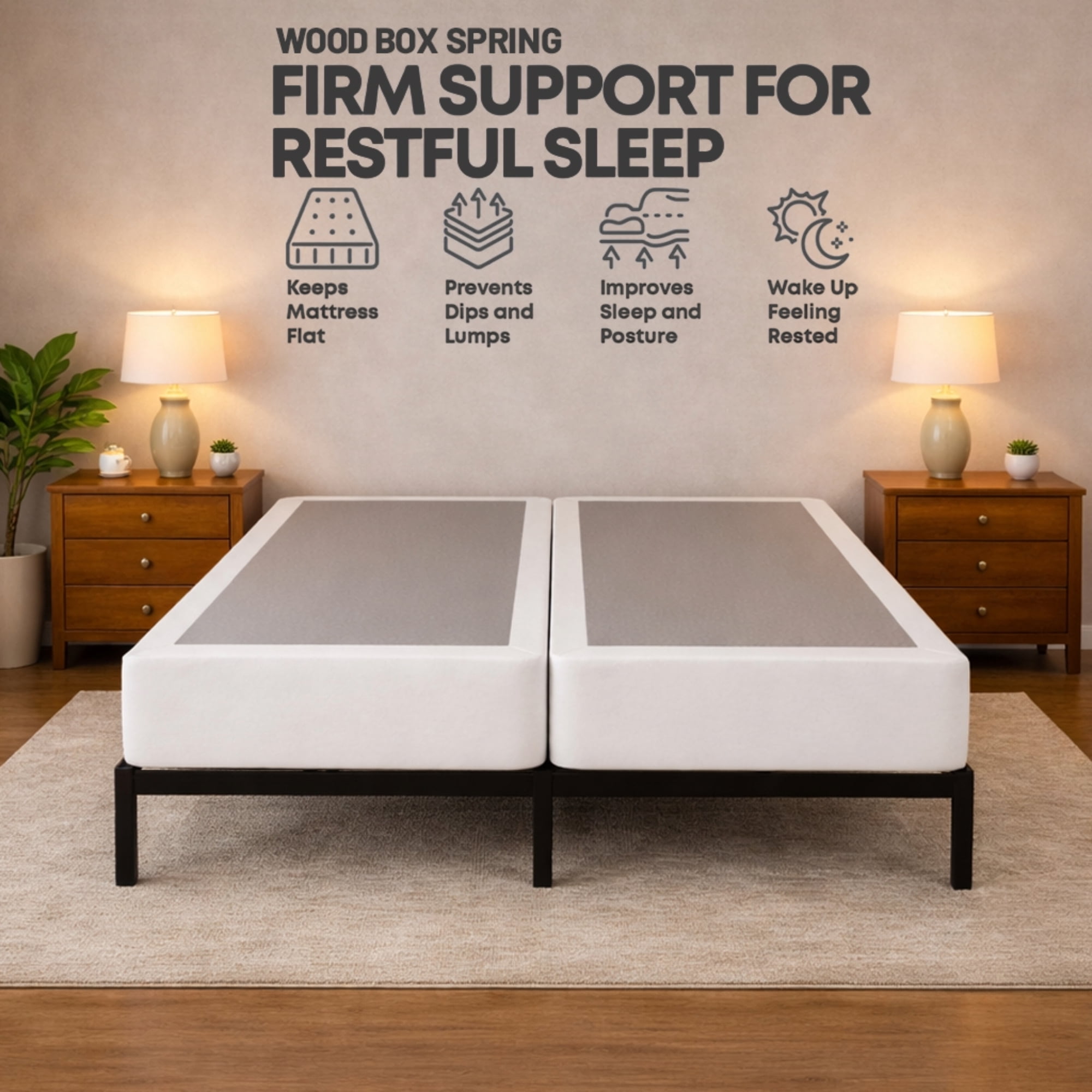 Continental Sleep, Box Spring Bed Base Queen Size, 8-Inch Wood Mattress Foundation, Quiet Noise Free, 2-Pieces Under Mattress Support BoxSpring, Fully Assembled, White