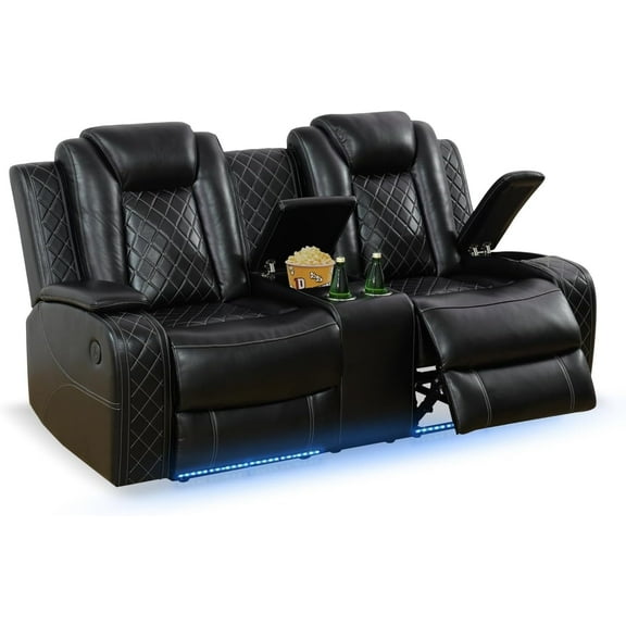 PU Leather Sectional Sofa 2-Seater Loveseat Couch with Center Storage, USB, Lights