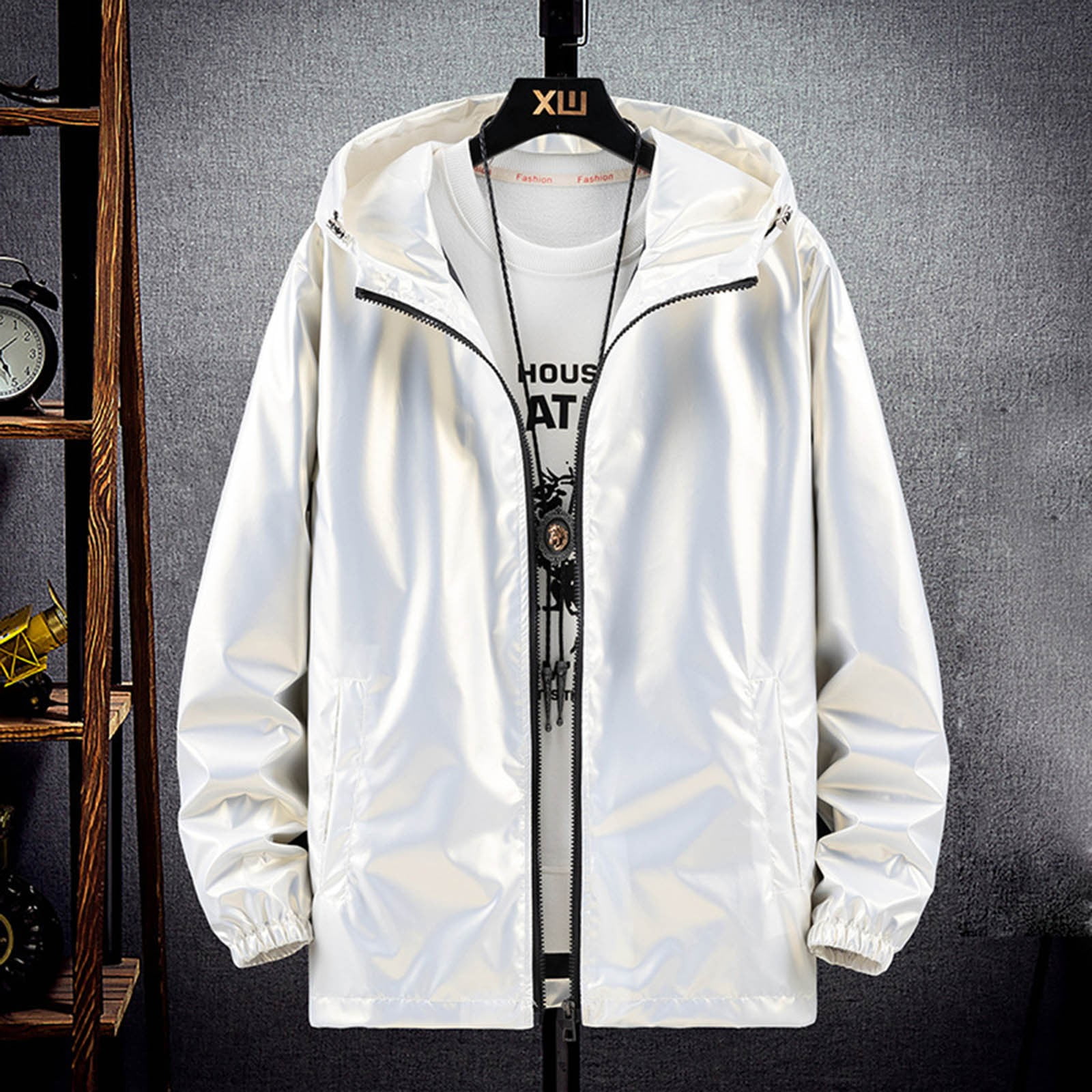 Holographic Jacket for Men Lightweight Long Sleeve Metallic Shiny Zip Up Hoodie Coat Outerwear with Pockets