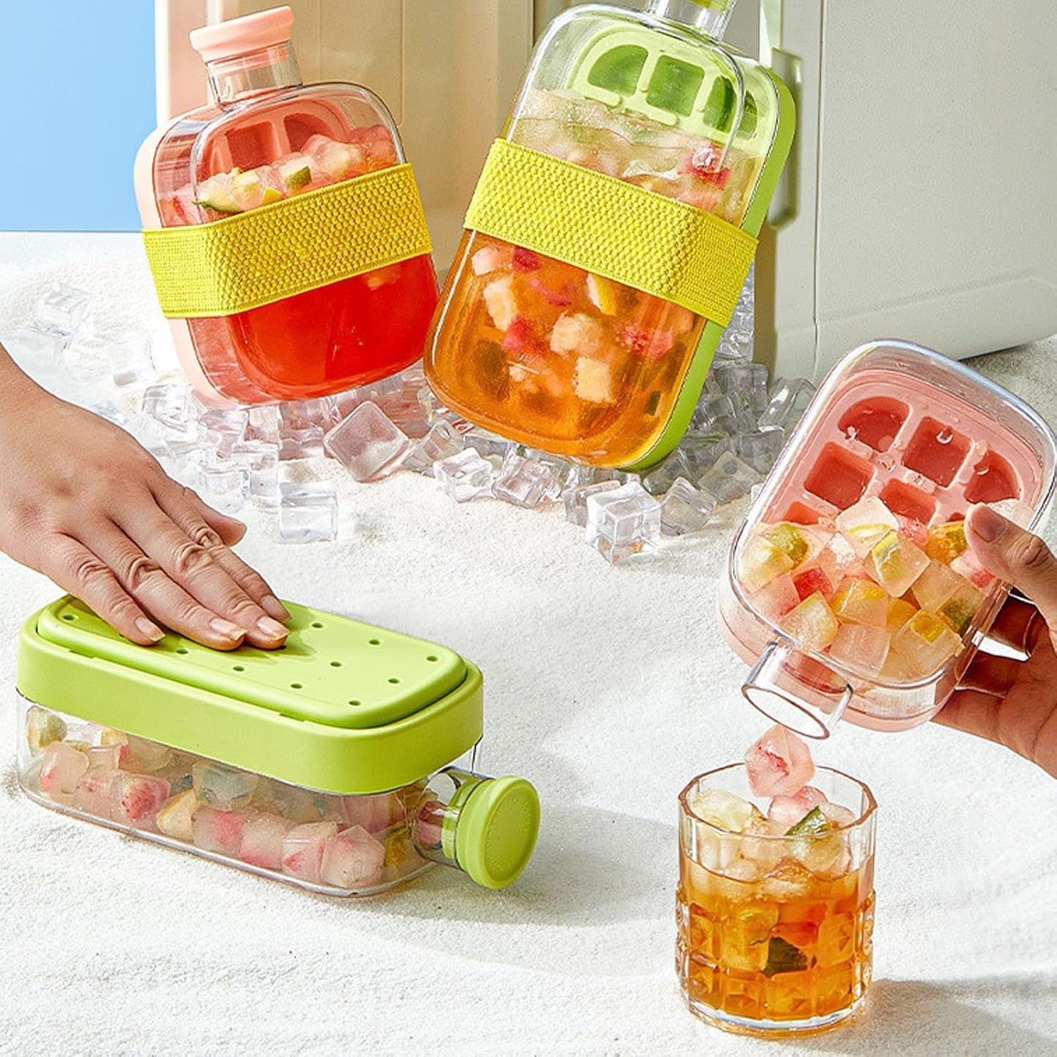 2 In 1 Ice Cube Bottle with Straw, 800ml Reusable Press Ice Cube Cup, Portable Leakproof Water Bottle, Freezer Ice Maker Container for Home Travel Gym Summer Cold Drinks(Pink)(k)