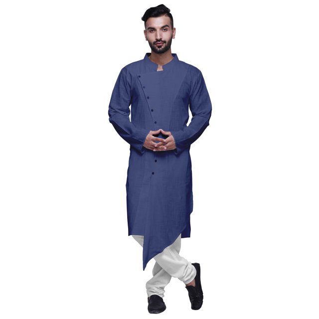 Atasi Kurta à Manches Longues Style Angrakha en Satin de Coton pour Hommes, Kurta Uni de Designer