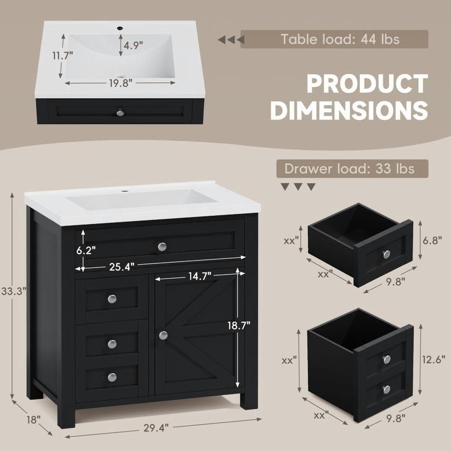 Lacoo 30'' Bathroom Vanity with Resin Sink, Wood Bathroom Storage Cabinet with Drawers and Shelves for Bathroom, Black