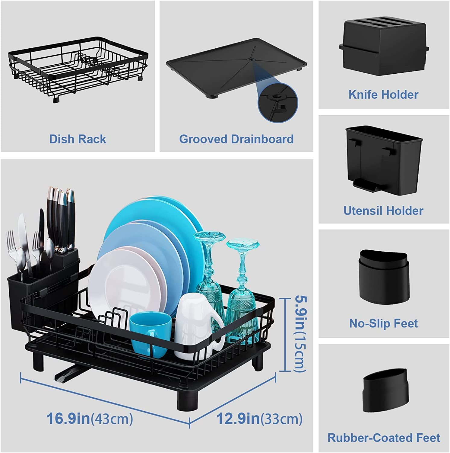 Dish Drying Rack, Dish Racks for Kitchen Counter, Dish Drying Rack for Kitchen Counter with Removable Dish Drainer, Dish Dryer Rack with Drainboard and Swivel Spout (Black)