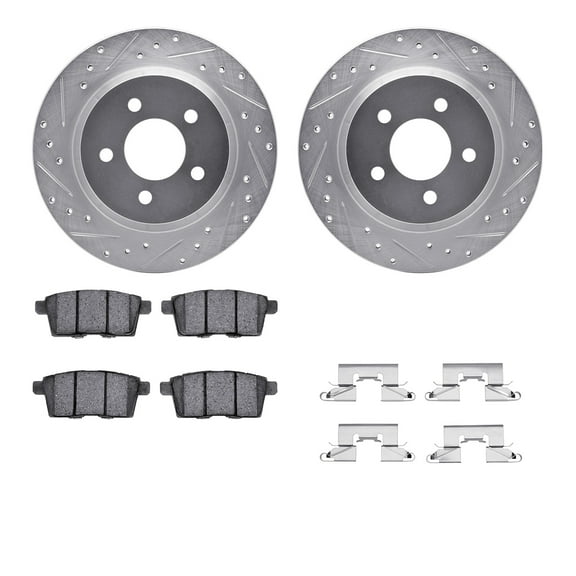 Dynamic Friction Company Rear Brake Rotors-Drilled and Slotted-Silver with 5000 Advanced Brake Pads includes Hardware 7512-54190