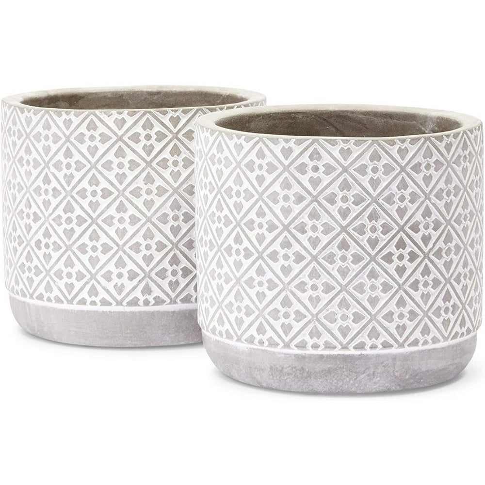 2 Pack Cement Planter Pots for Indoors & Outdoors, Flower Pattern, Grey