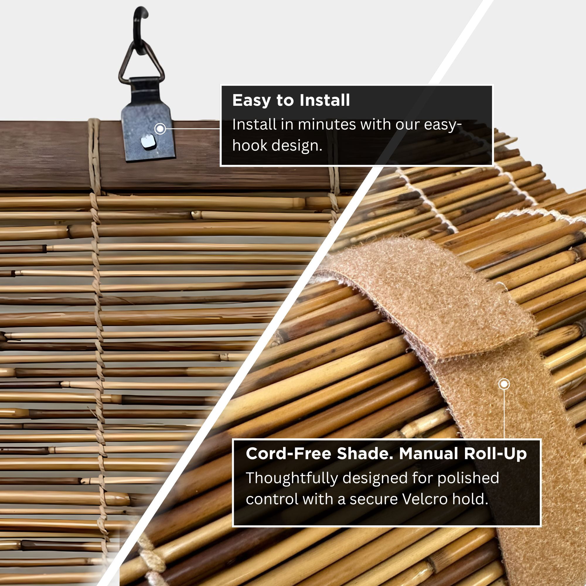 Backyard X-Scapes Reed Blinds Manual Roll-Up Cord Free Roman Shades, Natural, 60" W x 72" H