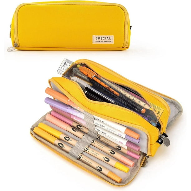 School Pencil Case for Girls and Boys Large 3 Compartment Pencil Case Pastel Pencil Cases for Women and Men Yellow Bodega Aurrera en linea