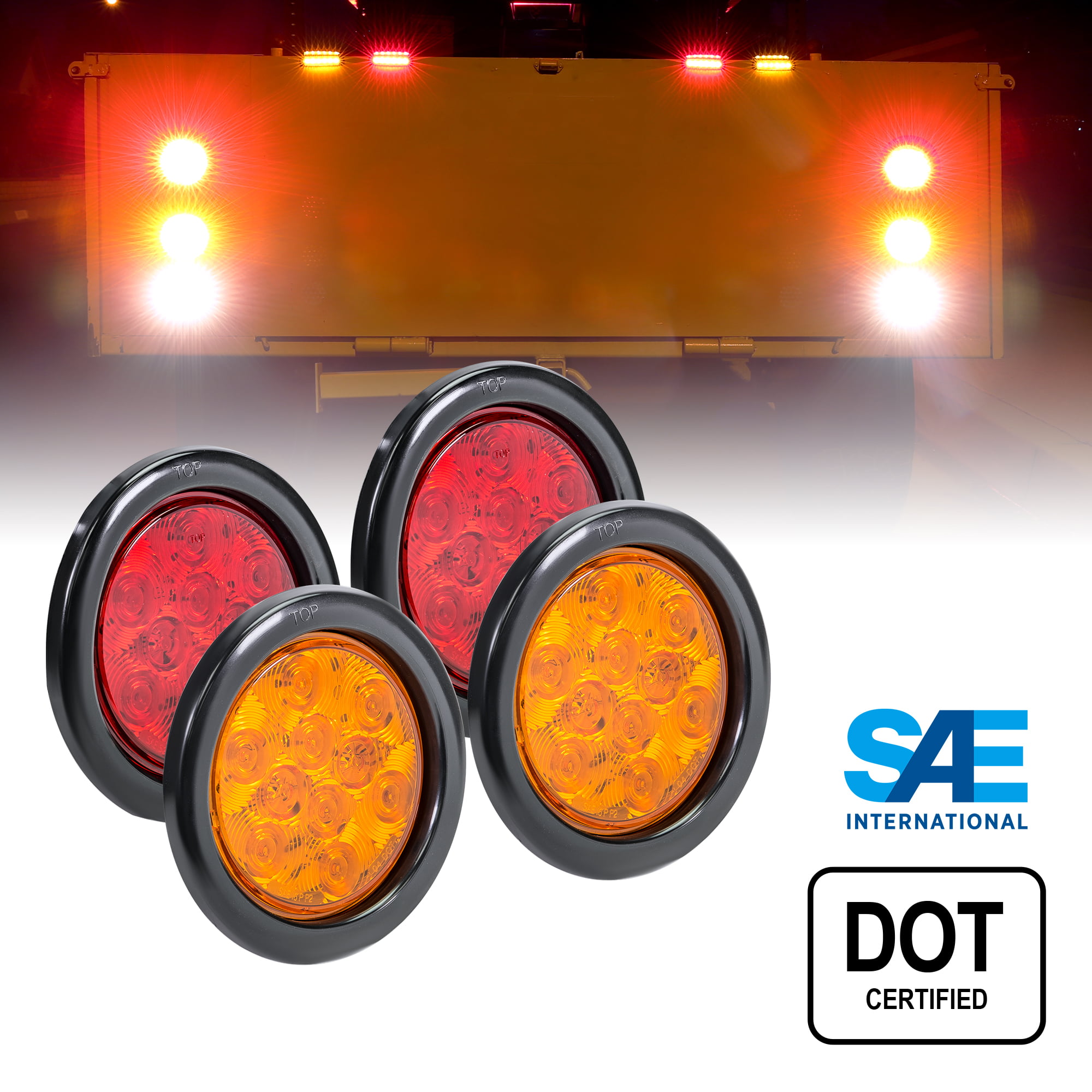 IP67 Waterproof 2 Red DOT Certified Stop Brake Turn Reverse Back Up Trailer Lights For RV Truck 2 White 4 Round LED Trailer Tail Light Kit 2 Amber Grommets & Plugs Included 
