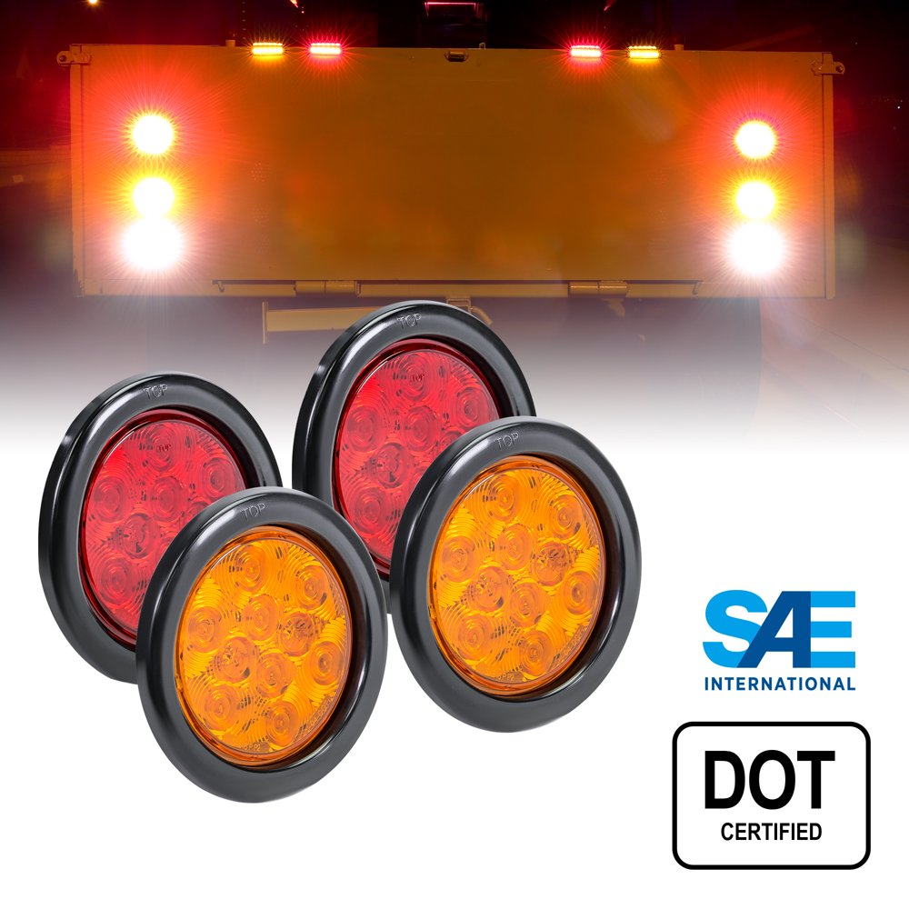 2 Red + 2 Amber 4" Round LED Trailer Tail Light Kit [DOT Certified
