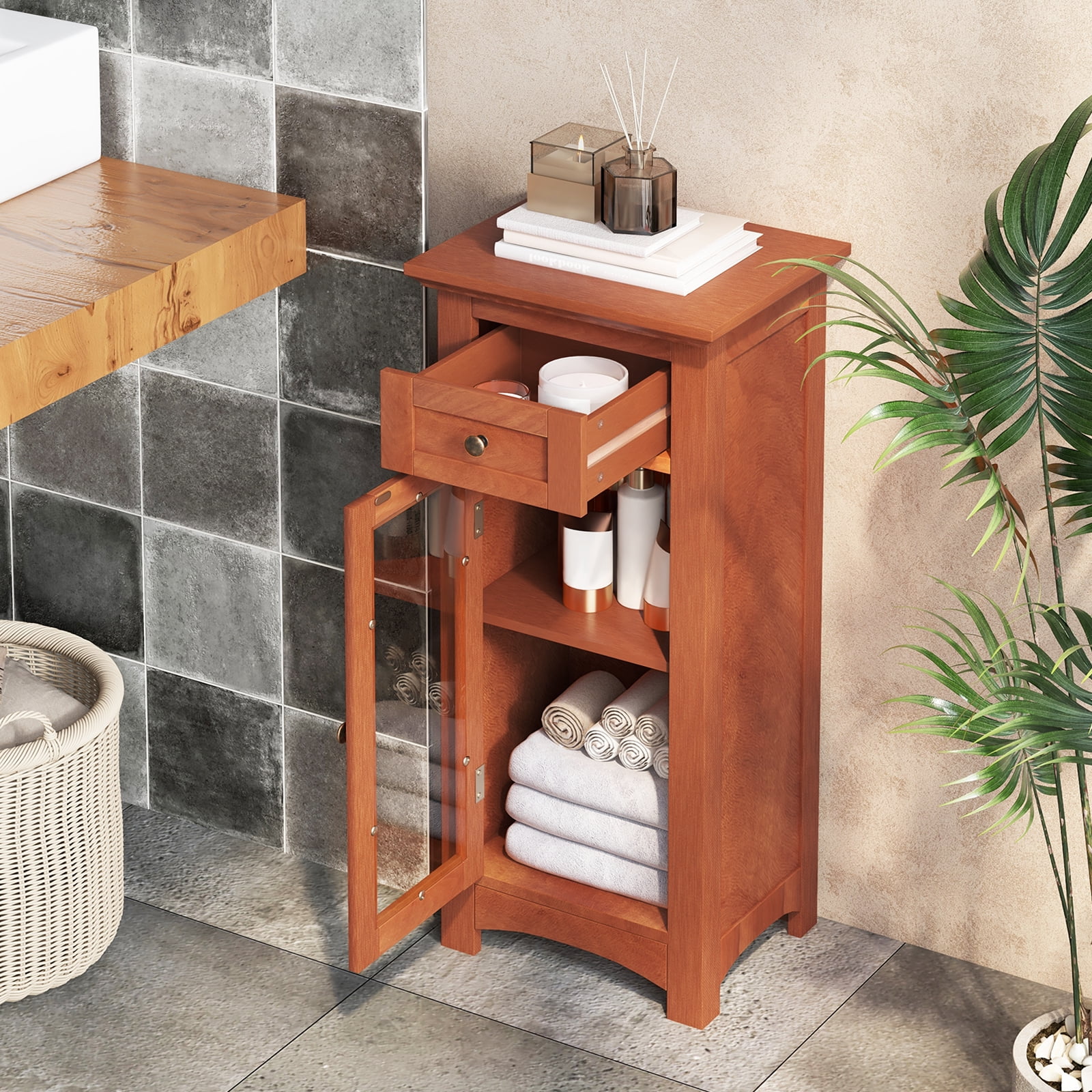 Giantex Bathroom Storage Cabinet, Freestanding Narrow Storage Organizer w/Adjustable Shelves, Brown