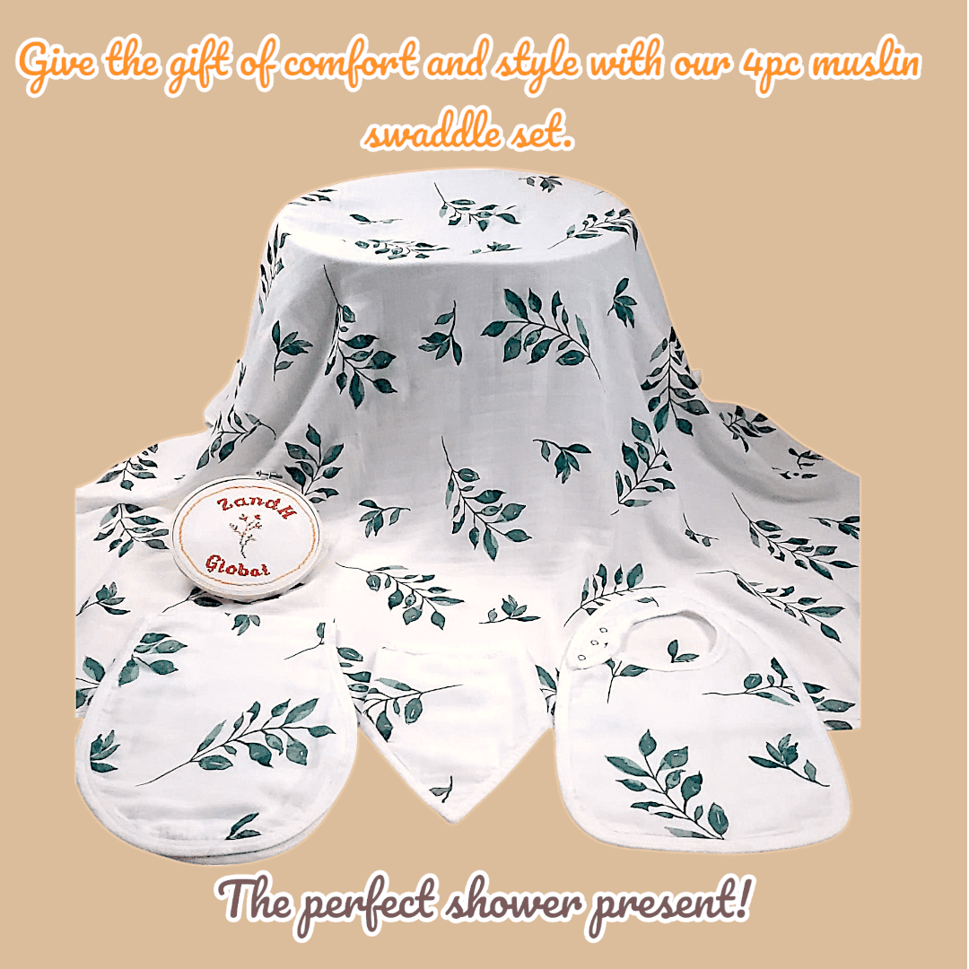 ZandH Global Leaf Baby Bamboo Cotton Muslin Swaddle Blanket, Bib, Burp Cloth, Bandana Bib Set. Soft, Lightweight and Breathable. Swaddle, Nursing Cover, Playmat and Stroller Cover