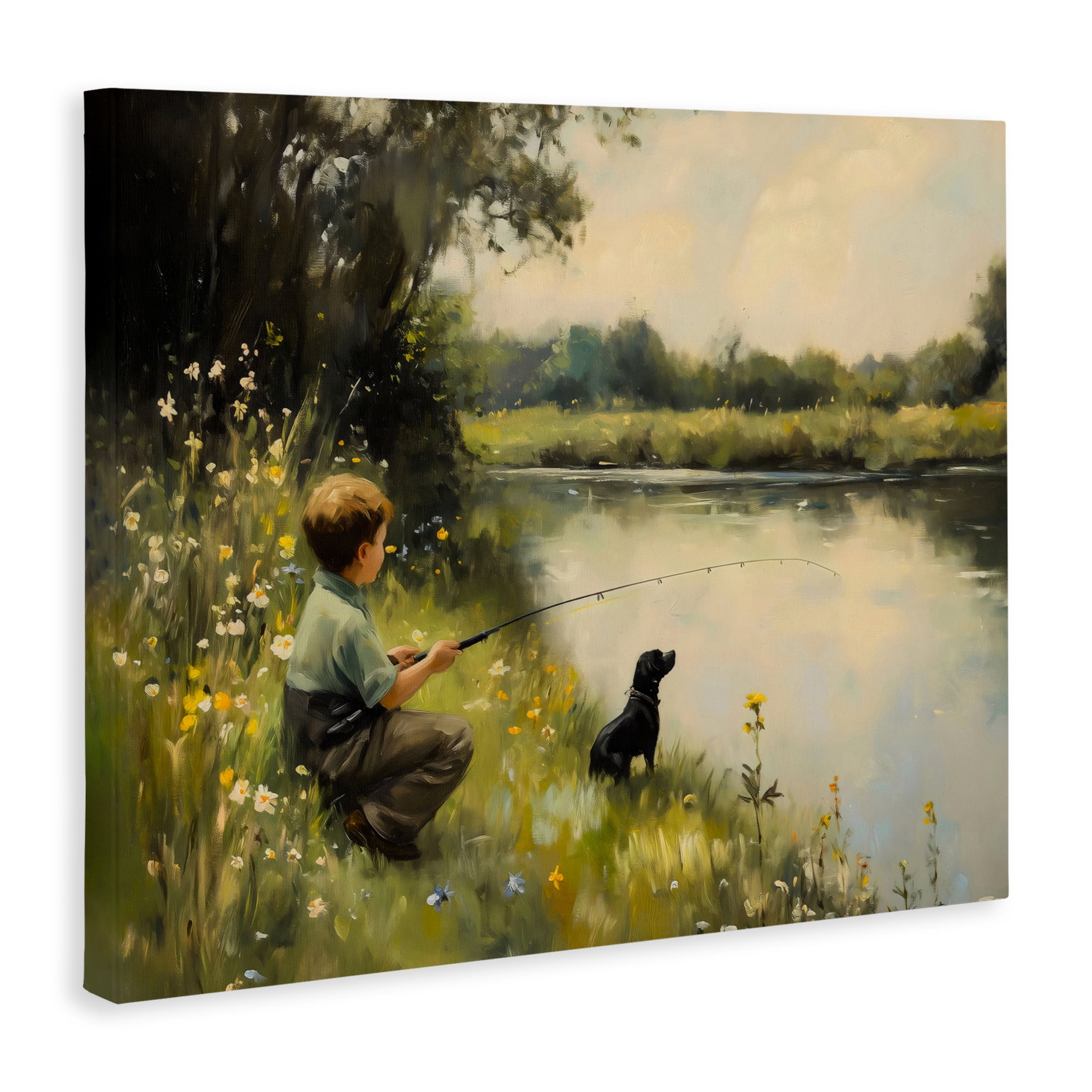 Boy & Puppy Fishing Canvas Wall Art, design by Arlington Prints
