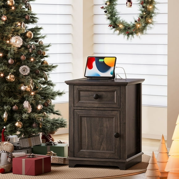 FAGAGA Table d'Appoint pour Salon avec Station de Recharge, Table d'Appoint Carrée pour Sofa avec Tiroir et Tablette de Rangement Ajustable, Tables de Chevet en Bois Armoire de Rangement pour Chambre, Bureau / Brun