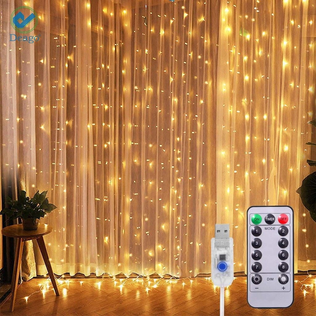 Deago 300 LED Curtain Fairy String Lights USB Remote Control Christmas Lights 8 Modes for