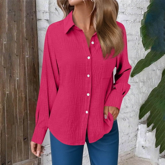 ClodeEU Womens Button Down Shirts ,Long Sleeve Lapel Collared Business Blouses ,Casual Slim Tops Hot Pink,Womens Plus S