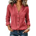 thumbnail image 6 of GZWYHT Women's Cotton Linen Button Down Shirt Stand Collar V Neck Long Sleeve with Chest Pocket Loose Fit Solid Color Casual Blouse Lightweight Work Tops Red 3XL, 6 of 7