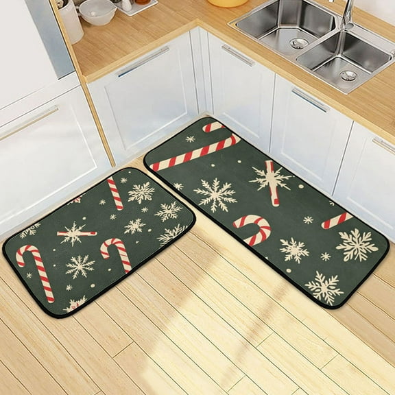Christmas Candy Cane Snowflakes Kitchen Mats Non Slip Standing Desk Mat Runner Rug Washable Kitchen Rugs for Floor 2PCS
