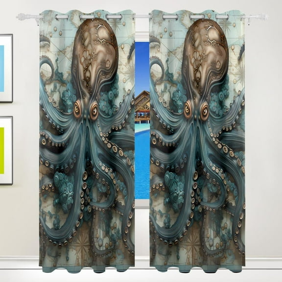 Octopus Map Curtains Black Out 72 Inch Length Curtains for Sliding Glass Doors Bedroom Living Room 2 Pack