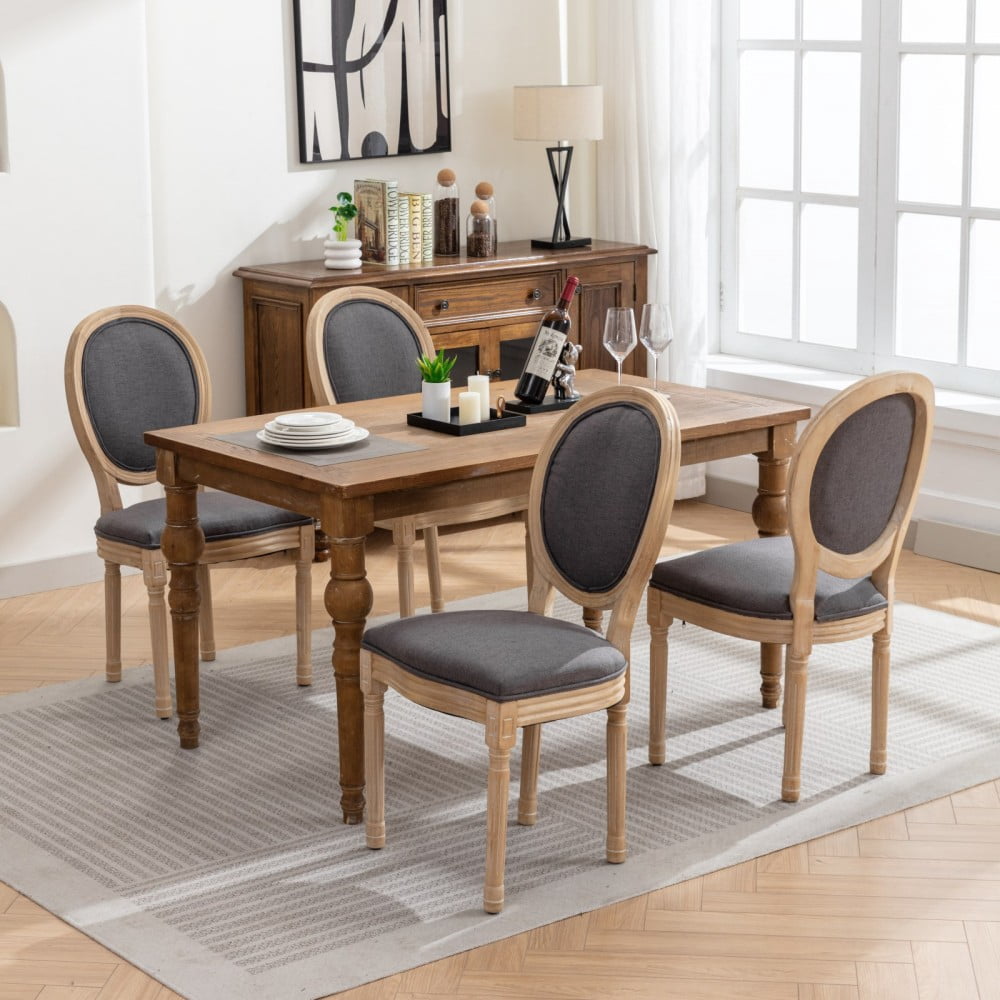 French Style Dining Chairs Set of 2, Solid Wood Upholstered Dining Room Chairs with Linen Fabric, Cushioned Backrest, Antique Finish, Dark Gray