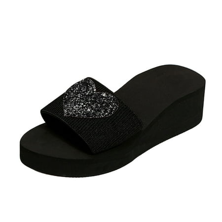 

Ediodpoh Ladies Fashion Summer Flashing Heart Decoration Open Toe Slope Heel Slippers Women Slippers Black 9