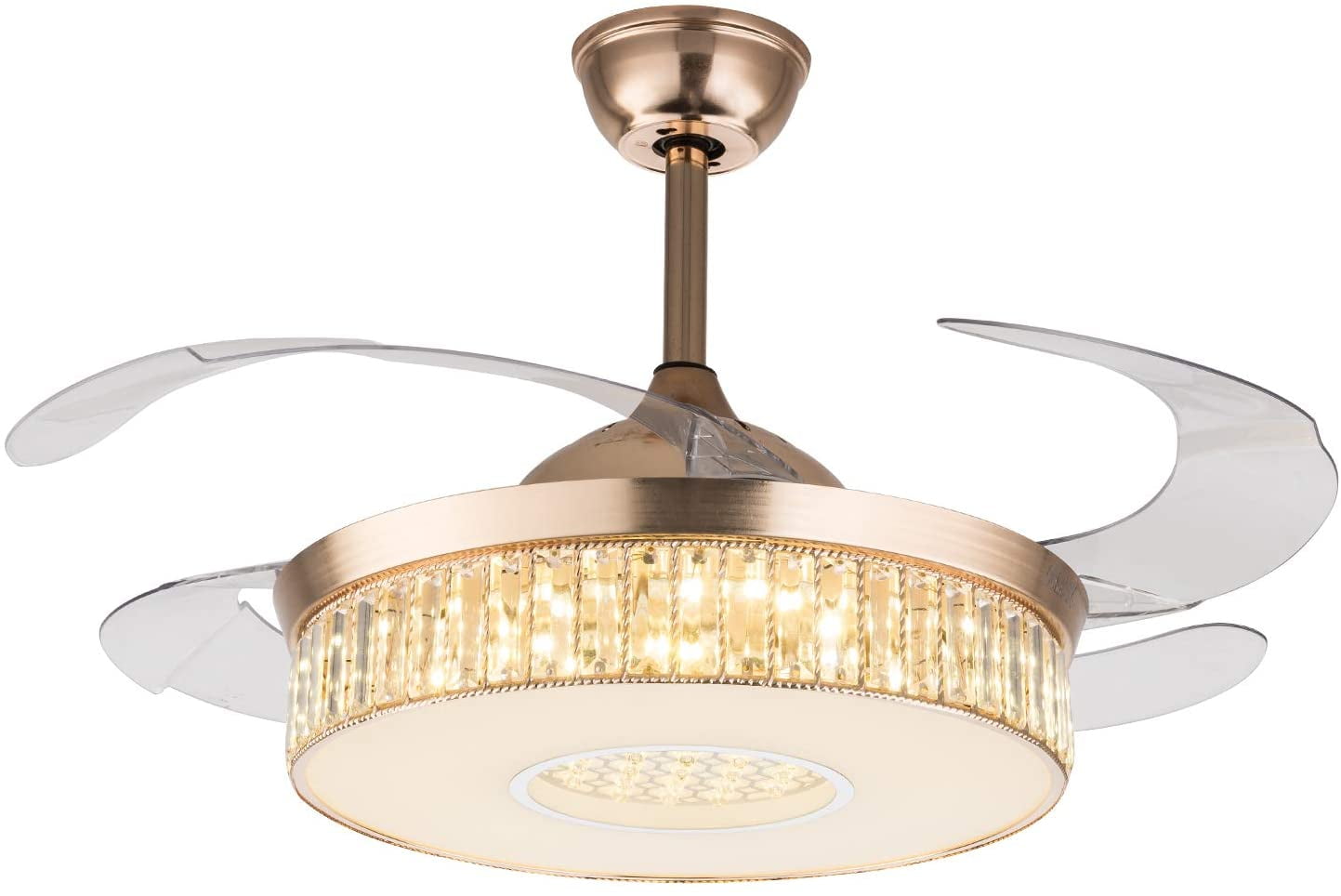 42" Retractable LED 3-Color Change Ceiling Fan Light Crystal Chandelier w/remote 