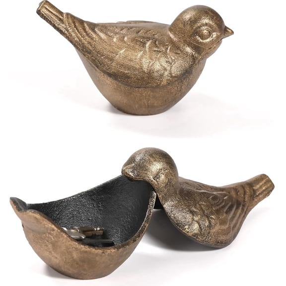 Cast Iron Bird Statue, Antique Hidden Storage Decor, Weatherproof Outdoor Ornament for Garden Yard Patio Indoor Decor (Gold Bird)