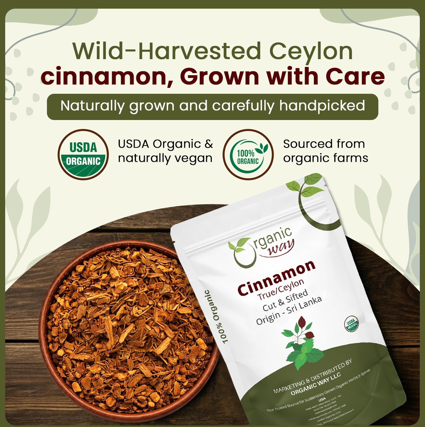 Organic Way True Ceylon Cinnamon Cut & Sifted (Cinnamomum verum) Non GMO & Gluten Free Sri Lanka (16 OZ)