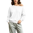 thumbnail image 6 of Nugftut Sweatshirts for Women Off Shoulder Fleece Crewneck Casual Long Sleeve Shirts Loose Fit Tops, 6 of 8