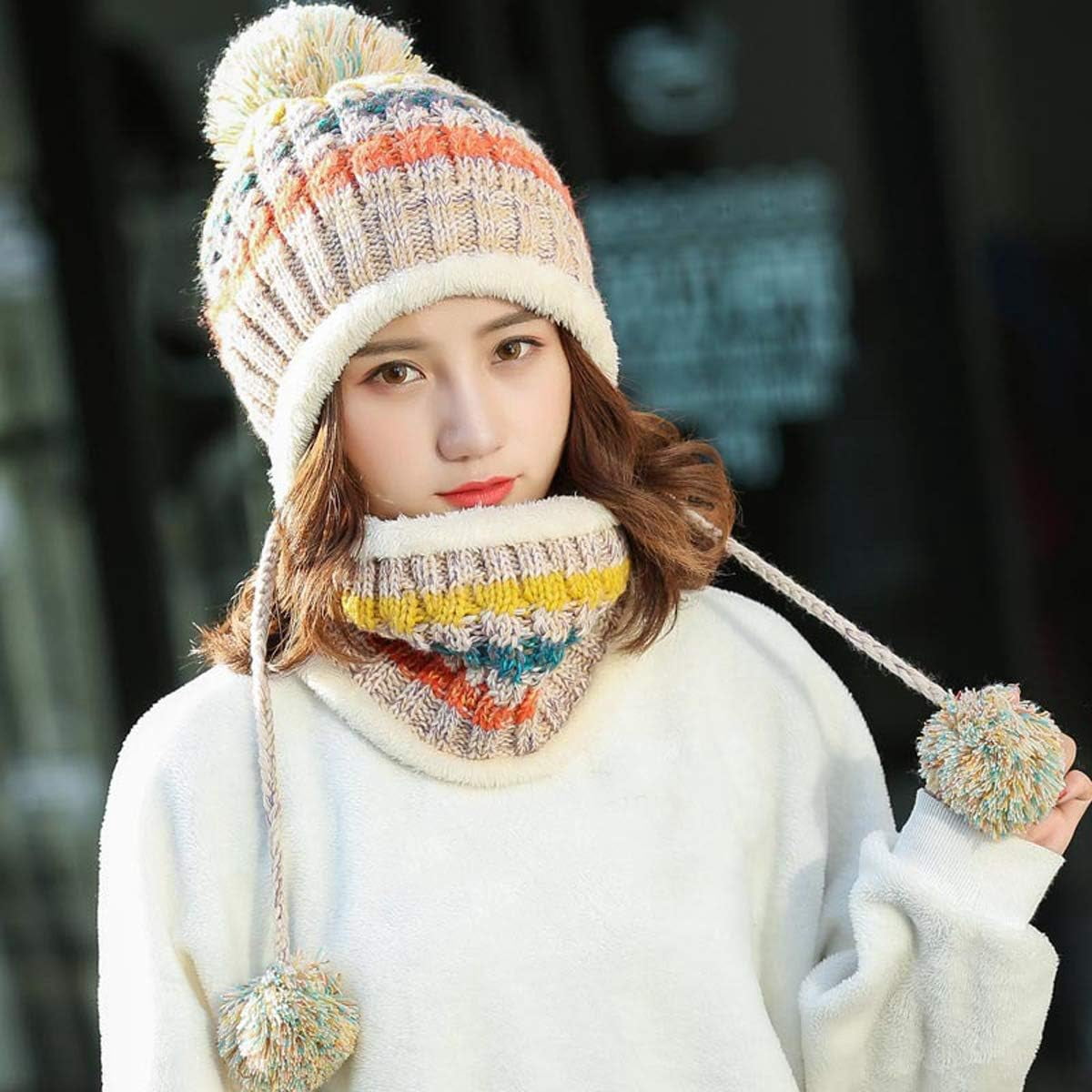 Zhengup Women Winter Beanie Hat Circle Scarf Set Pompoms Peruvian Ski Snow Ear Flaps Sherpa Knit Hats Fleece Lined,S to M Size Head