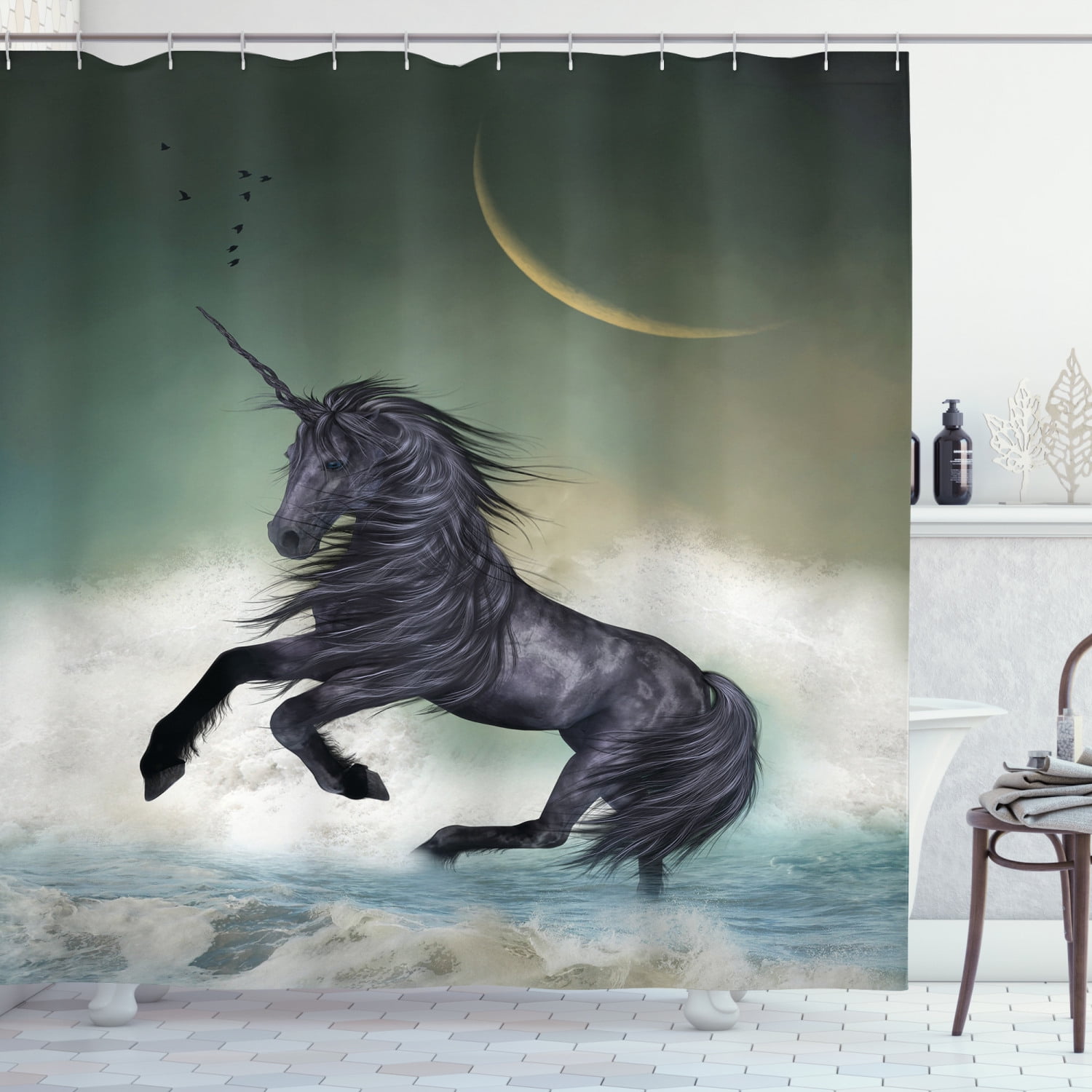 Fantasy Shower Curtain, Black Unicorn in the Ocean with Moon Abstract
