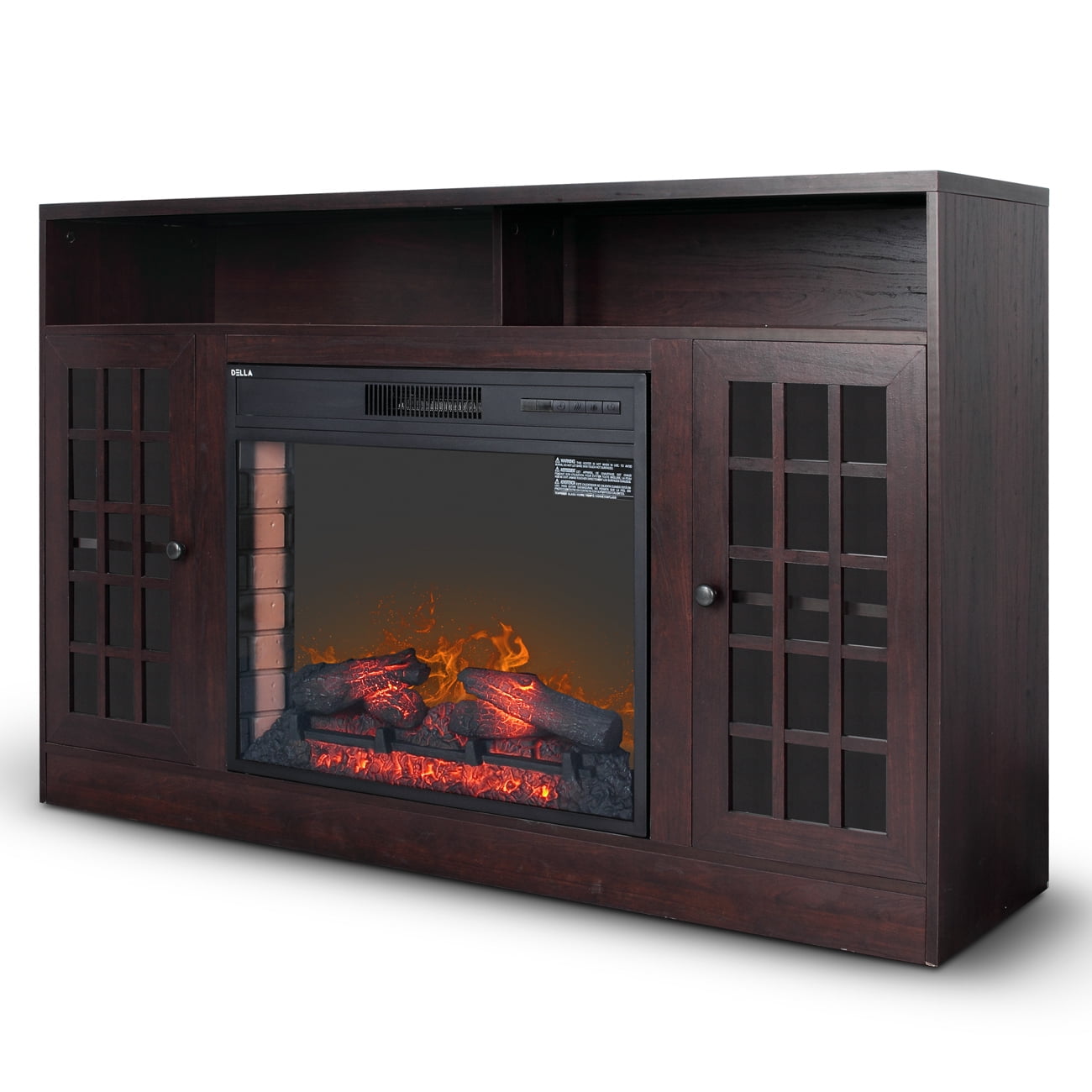 Della Electric Fireplace With 59 Wood Mantel Media Bookshelf Storage And Glass Doors