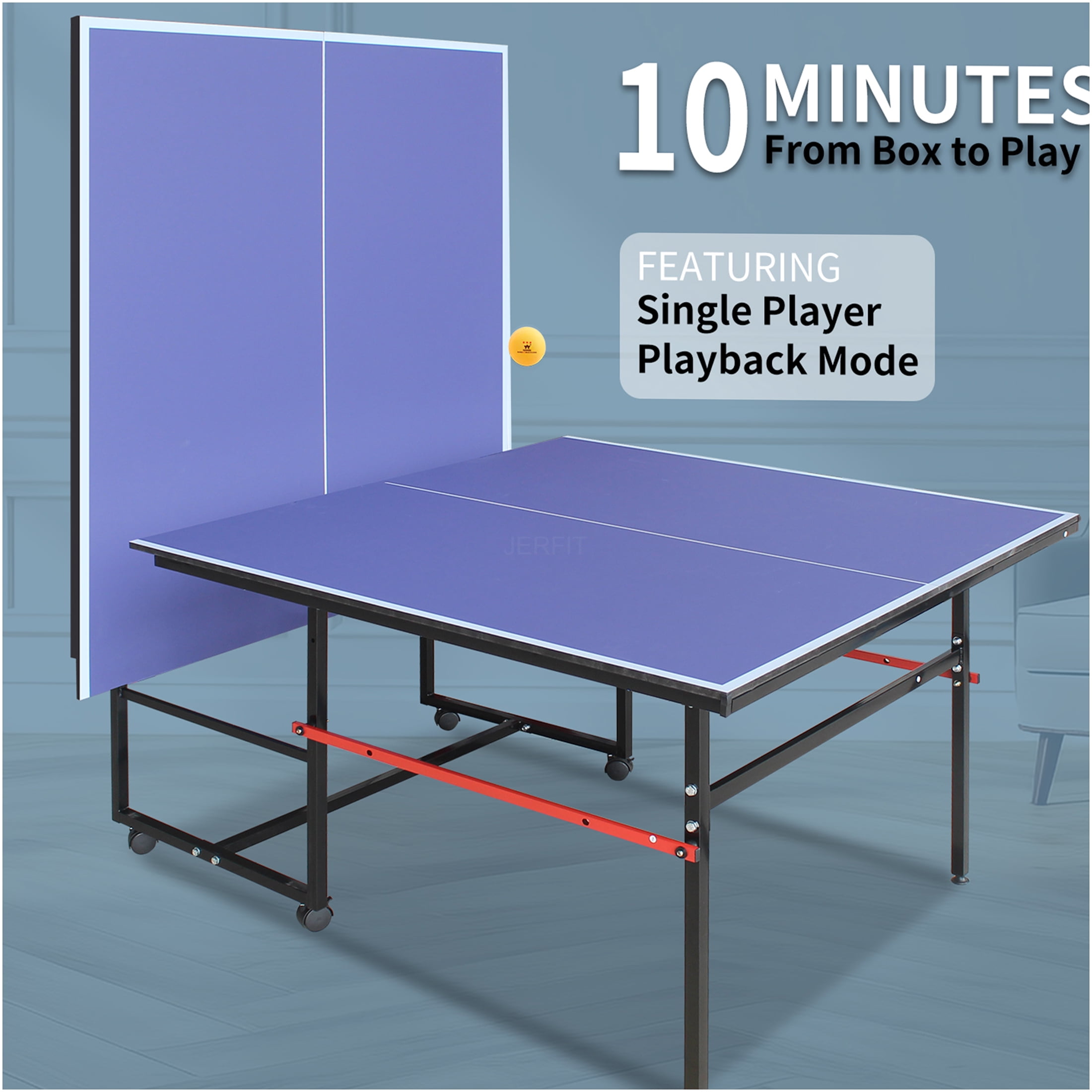 JERFIT 8ft Portable Ping Pong Table Set, Foldable MDF Surface Indoor Game Table with Net, Paddles & Balls, Blue
