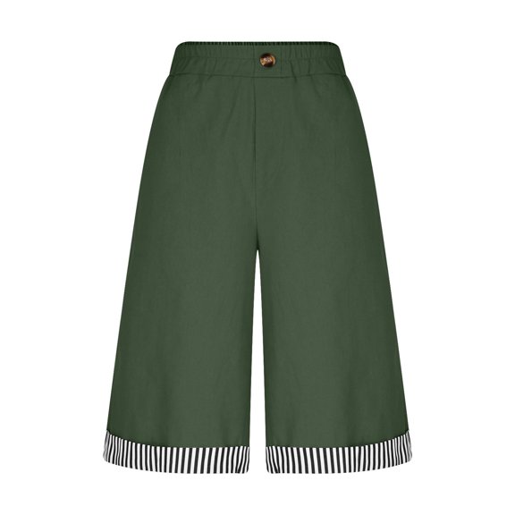 Plus Size Shorts for Women with Pockets 100% Cotton Elastic Loose Straight Striped Cuff Half Shorts