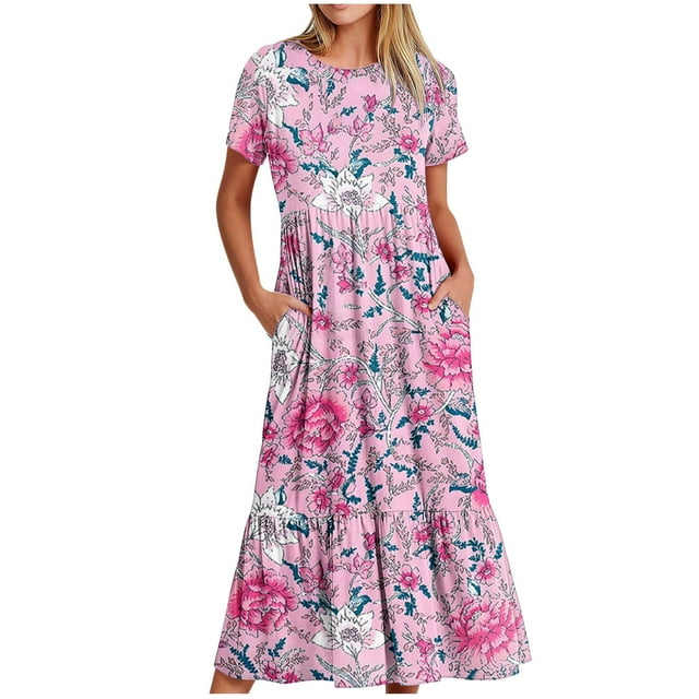 Weiqiqre Robe Midi Trapèze à Manches Courtes d'Été pour Femme, Décontractée, à Fleurs, Style T-Shirt, Fluide, de Plage, avec Poches