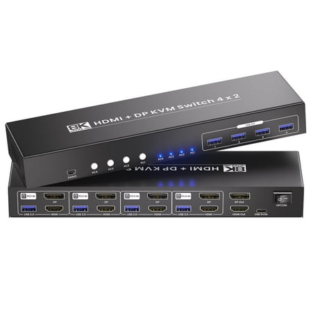 8K60Hz 4k120Hz HDMI Displayport KVM Switch 2 Monitors 4 Computers, USB 3.0 4 Port Dual Monitor KVM Switch for 4 PCs Management Using 1 Set of Keyboard and Mouse