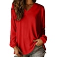 thumbnail image 2 of Yrmaups Loose Fit Long Sleeve Blouse for Women, Casual V Neck Top, Flowy Soft Tee for Vacation Office Travel Daily Wear, Red 2XL, 2 of 7