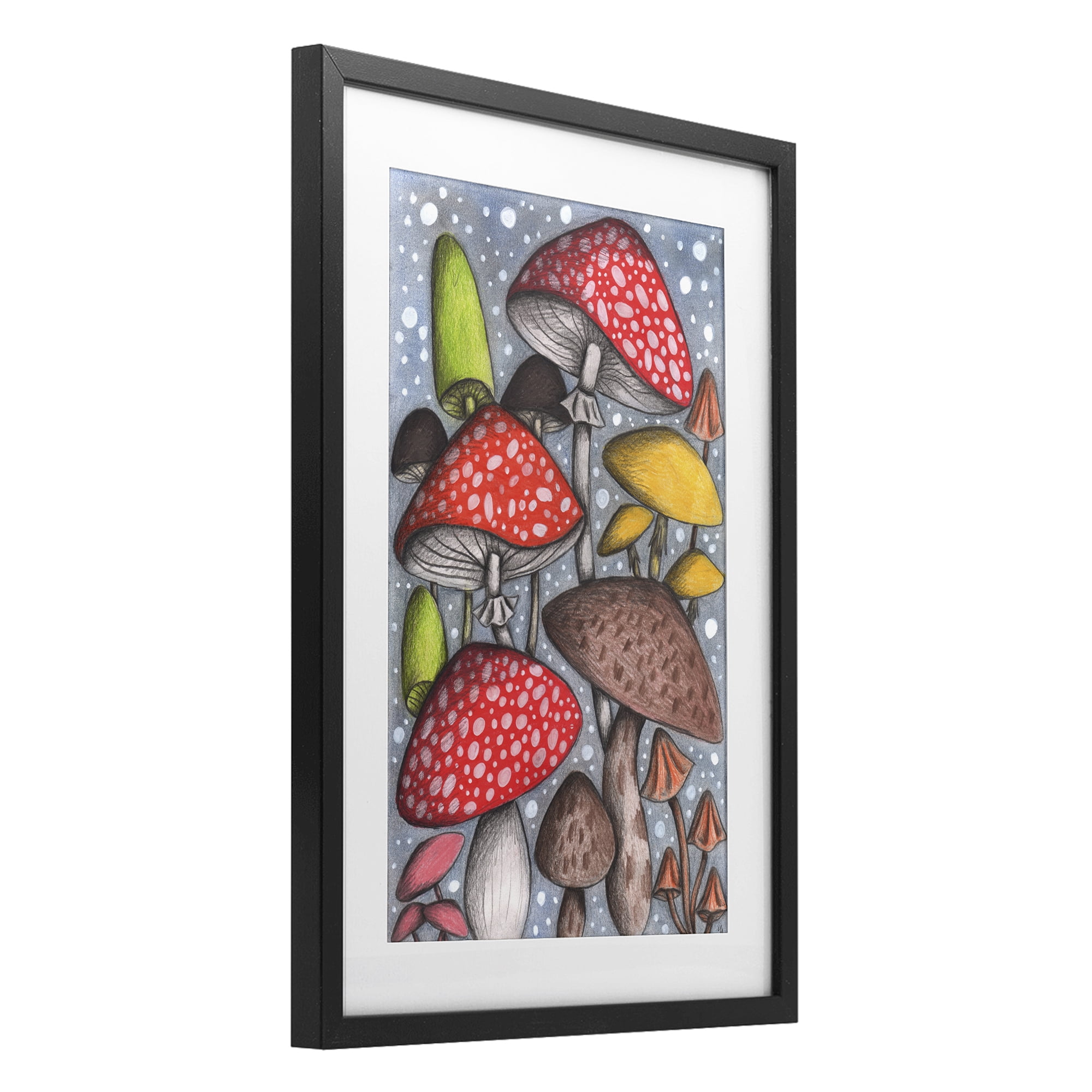Sketched Magical Mushrooms Black Framed Print Under Glass, design by Cecilia Battaini
