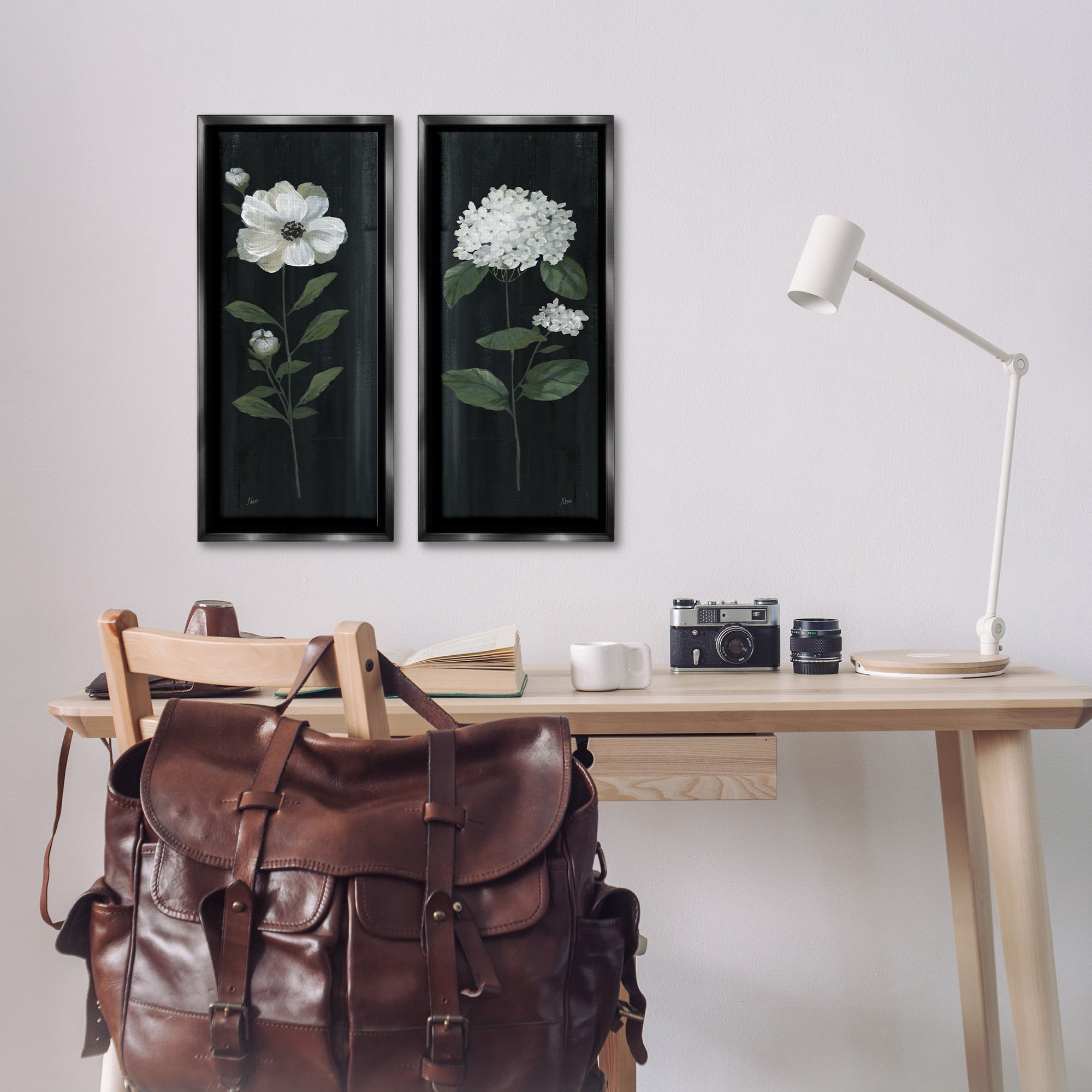 Stupell Industries Delicate White Flower Sprigs Botanical & Floral Painting Black Floater Framed Canvas Art Print Wall Art, 11 x 25, Set of 2
