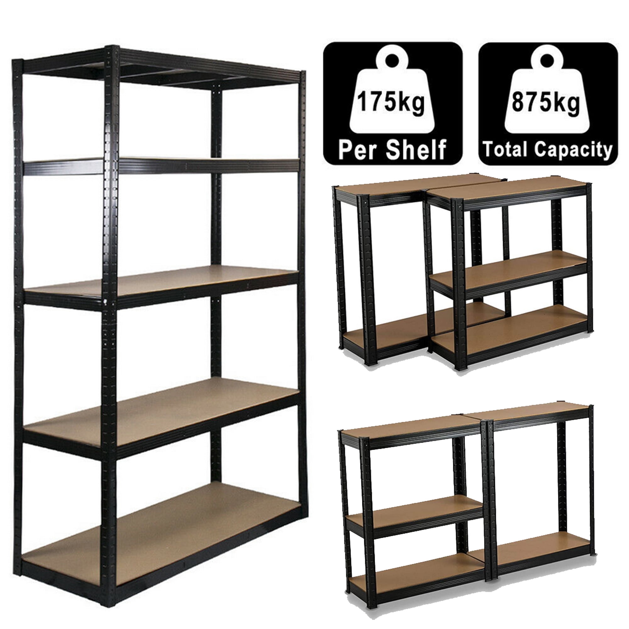 Free Standing Work Bench Black 875kg Capacity 5 Tier Shelf Unit Shelving Unit for Garage Shed Storage Heavy Duty Metal and MDF Shelves Boltless Racking H 150 x W 70 x D 30 Cm